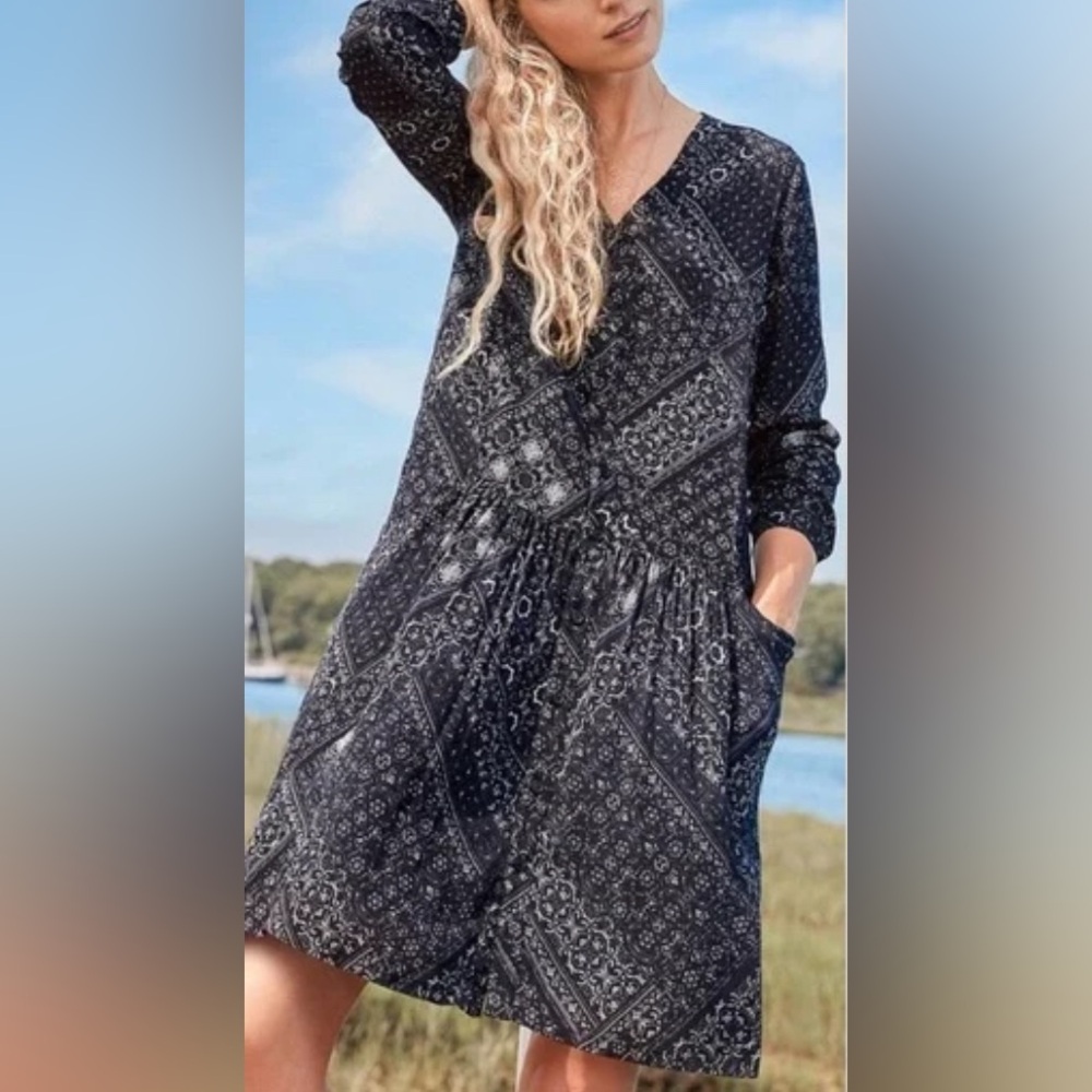 Garnet Hill Boho Patchwork Bandana Print Drop Waist Dress Long Sleeve Pockets 10